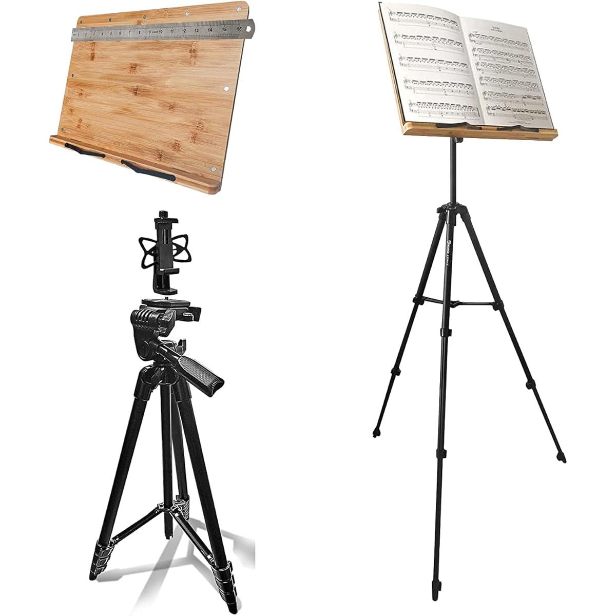 3-in-1 Music Stand for Sheet Music, XL 16" x 12" Metal Clip with Bamboo Holder & 60" Tripod for Camera/Projector, Portable Height Adjustable Drawing Easel Cookbook Stand Desktop Floor, Carry Bag