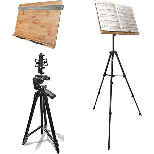 3-in-1 Music Stand for Sheet Music, XL 16" x 12" Metal Clip with Bamboo Holder & 60" Tripod for Camera/Projector, Portable Height Adjustable Drawing Easel Cookbook Stand Desktop Floor, Carry Bag
