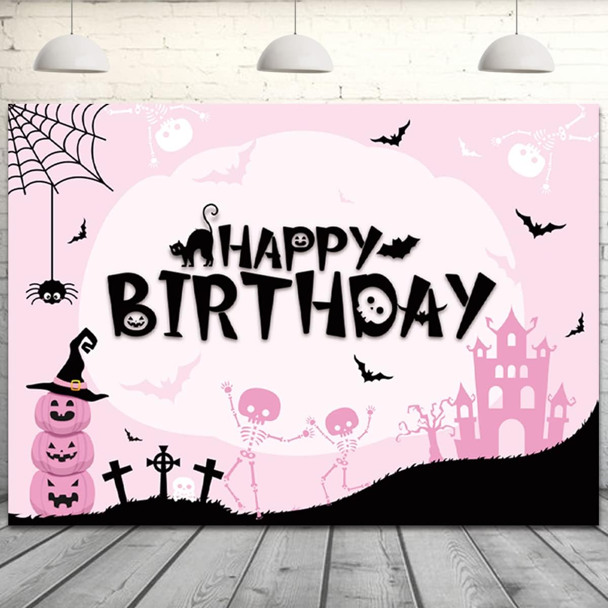 Halloween Happy Birthday Backdrop Pink 7x4ft Halloween Castle Pumpkin Photo Background Bat Spider Black Cat Halloween Birthday Photo Booth Party Decorations Supplies