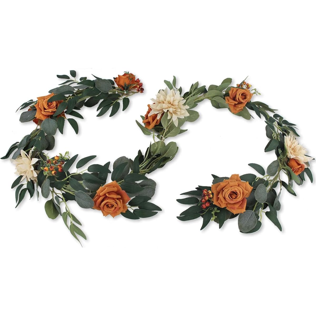 Rinlong 6.5ft Faux Flower Garland Rustic Burnt Orange Fall Table Runner Flower Garland Wedding Green Christmas Garland with Flowers for Dining Table Fireplace Mantle Fall Decor