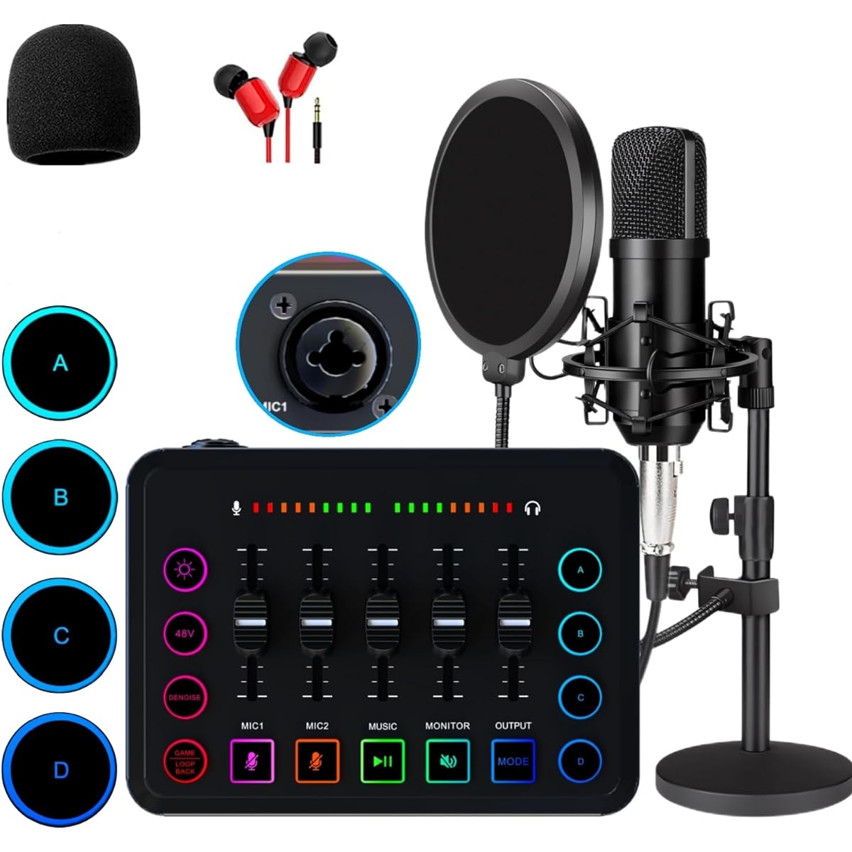 sktome Streaming Audio Mixer Audio Interface XLR Podcast Microphone 48V Phantom Power Podcast Equipment Bundle with 4 Custom for Live Streaming/Podcast Recording/Video/Games
