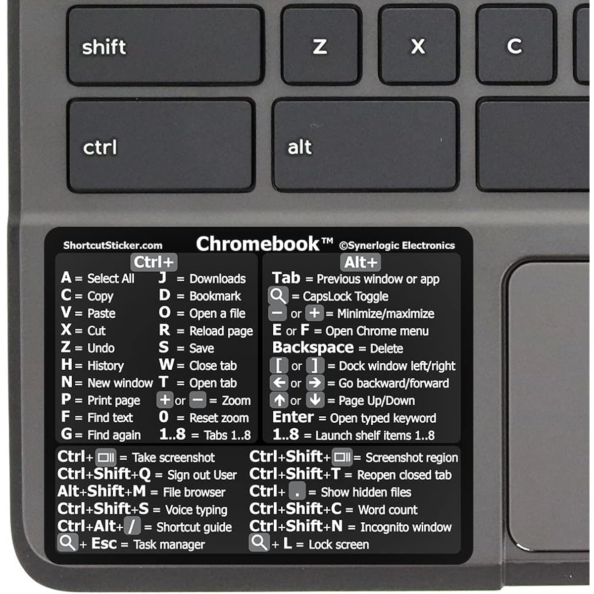 SYNERLOGIC Chrome OS Reference Keyboard Shortcuts Stickers - Non-Trace Vinyl - Size 3"x2.4" for Chromebook Laptop Running Chrome OS (Black 100 Pack)