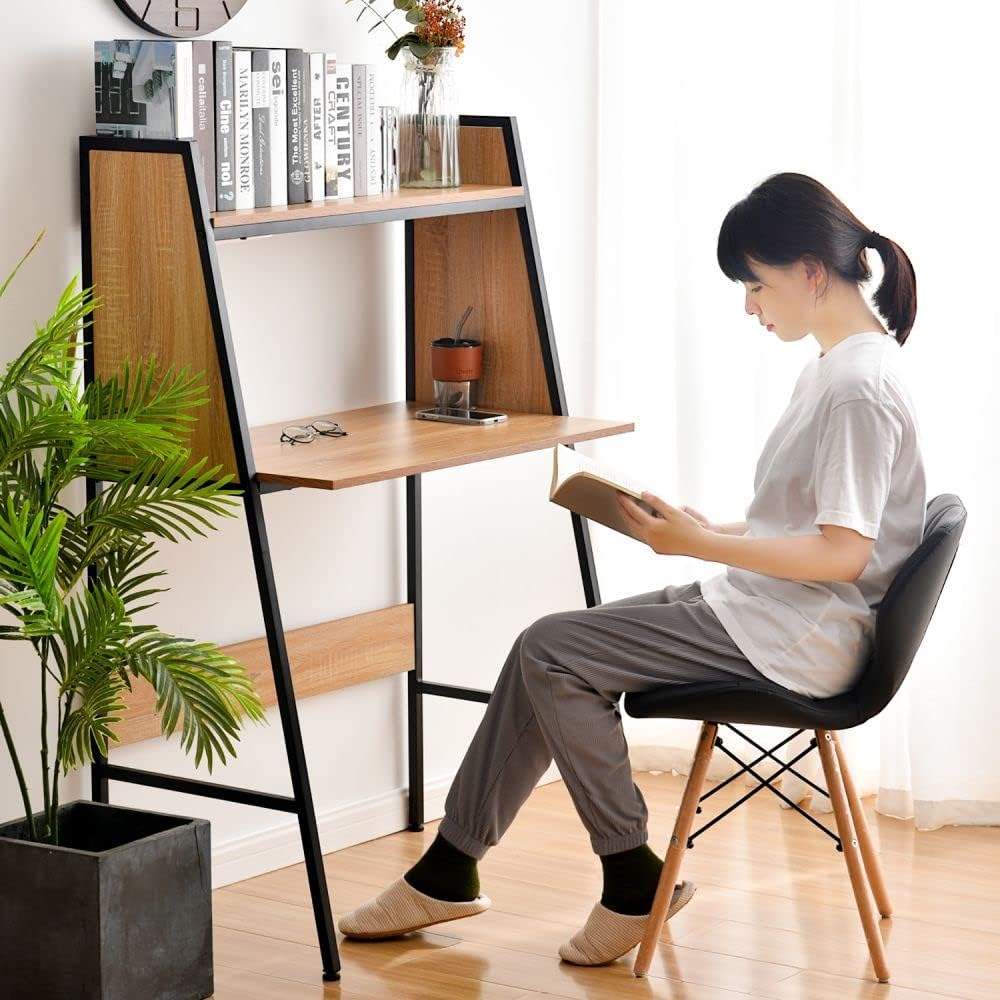 OSJ Computer Desk, 80cm Width, with Rack, Compact, Wooden, Wood Grain Desk, PC, Space Saving, Work from Home, Remote Work, Games, Storage Stand, Sewing Machine Table, Study Desk, Scandinavian Simple