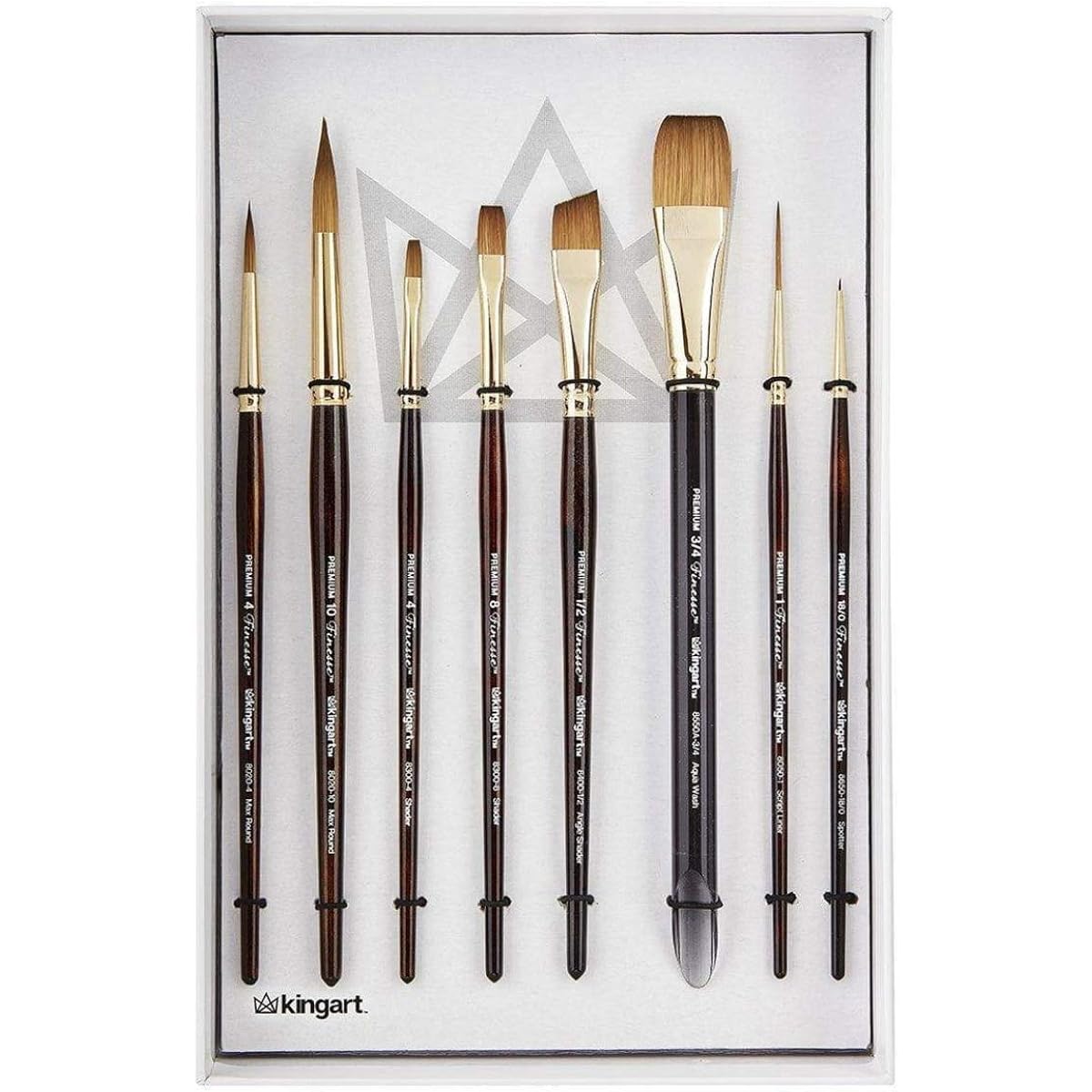 KINGART 1010A Finesse - Synthetic Kolinsky Sable - 8 Piece Paint Brush Set Assortment Gold Brown