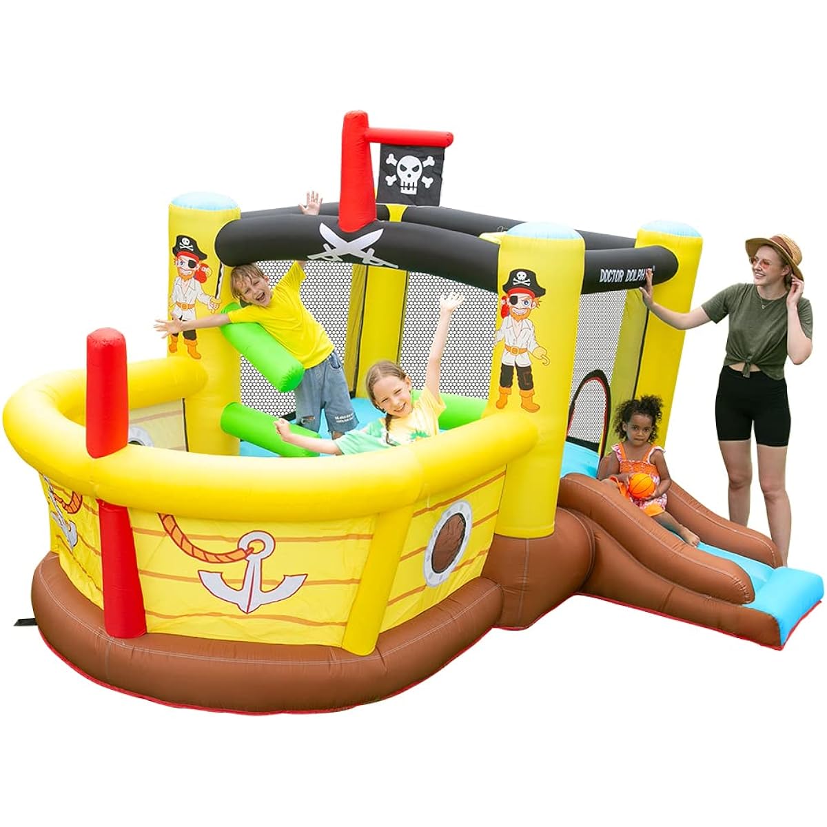 Doctor Dolphin Bounce House Inflatable Slide with Obstacles, Blower, Pirate Ship Theme Ball Pit, Basketball Hoop, Inflatable Bouncer for Toddlers and Kids Ages 2-12, Outdoor or Indoor, Wet & Dry