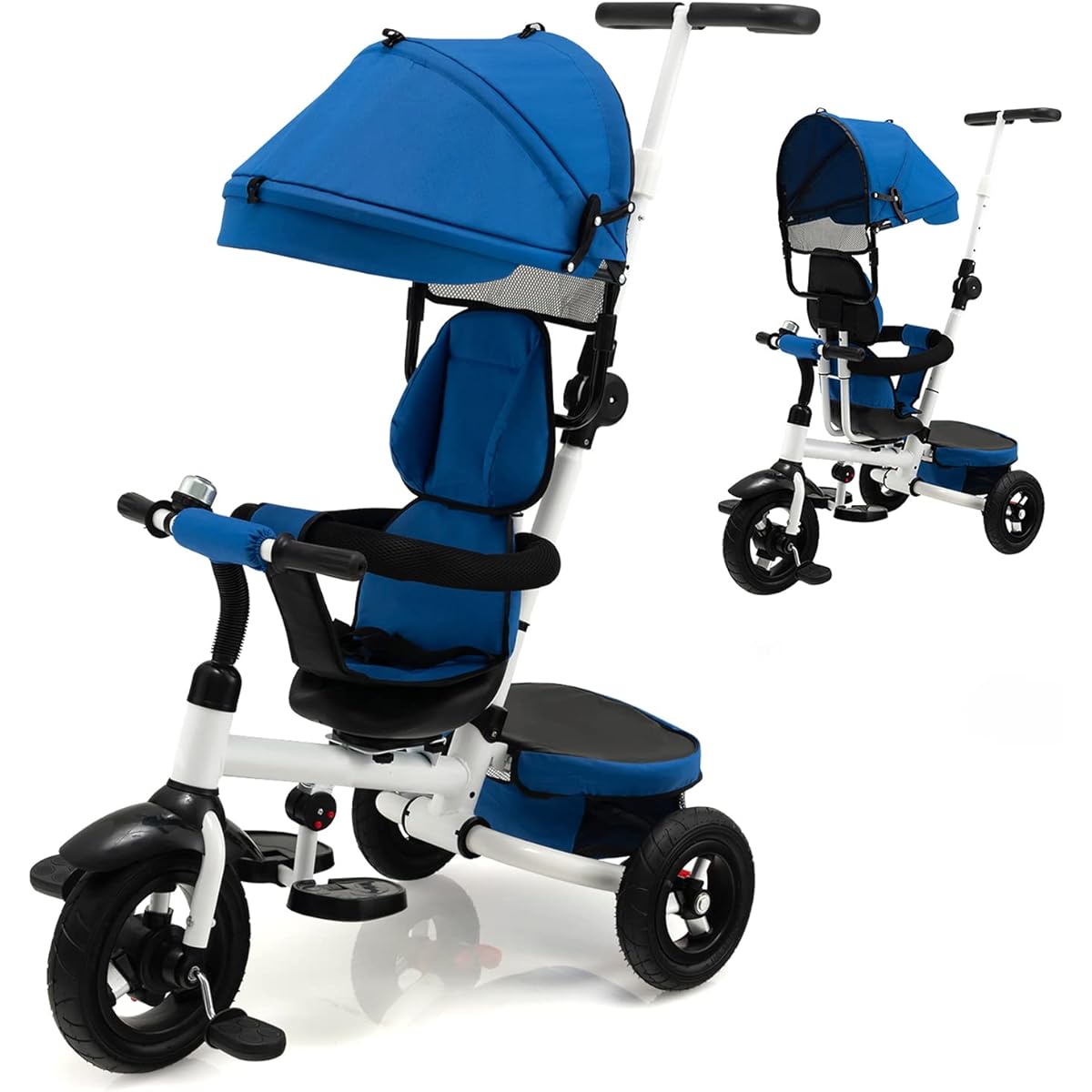 Costzon Redd Tricycle 6-in-1 Stair Stroller with Removable Guardrails/Bike Learning Adjustable Canopy Safety Harness 30x20x71" (LxWxH) Blue