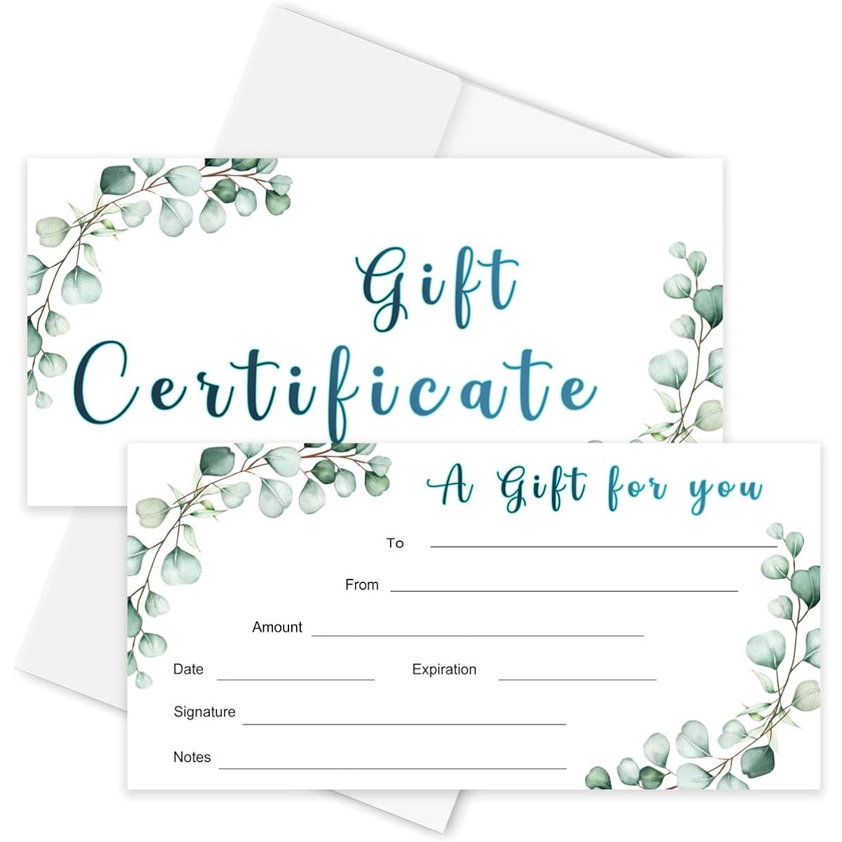 QZCYU Green Eucalyptus Blank Present Certificate Business Gift Certificate Business Birthday Wedding Salon Spa Restaurant Double Sided with Envelopes 25 Sheets 3.5 x 7 Inch