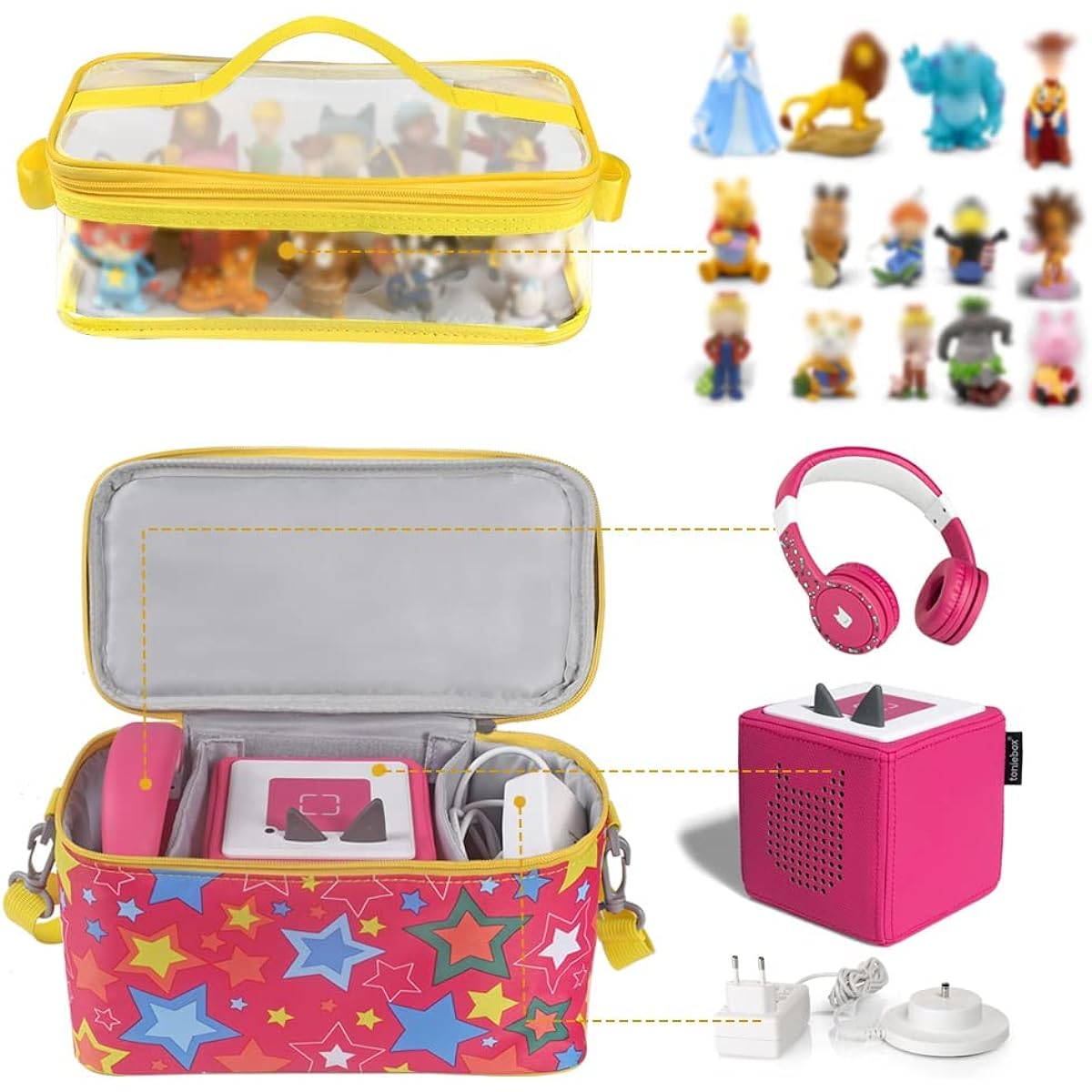 MASiKEN Carry Case Fits Toniebox Starter Set and Tony Figures, Clear Storage Bag, Bottom Magnet Design, Zipper Case for Tony Characters, Waterproof and Shockproof (Red Star)