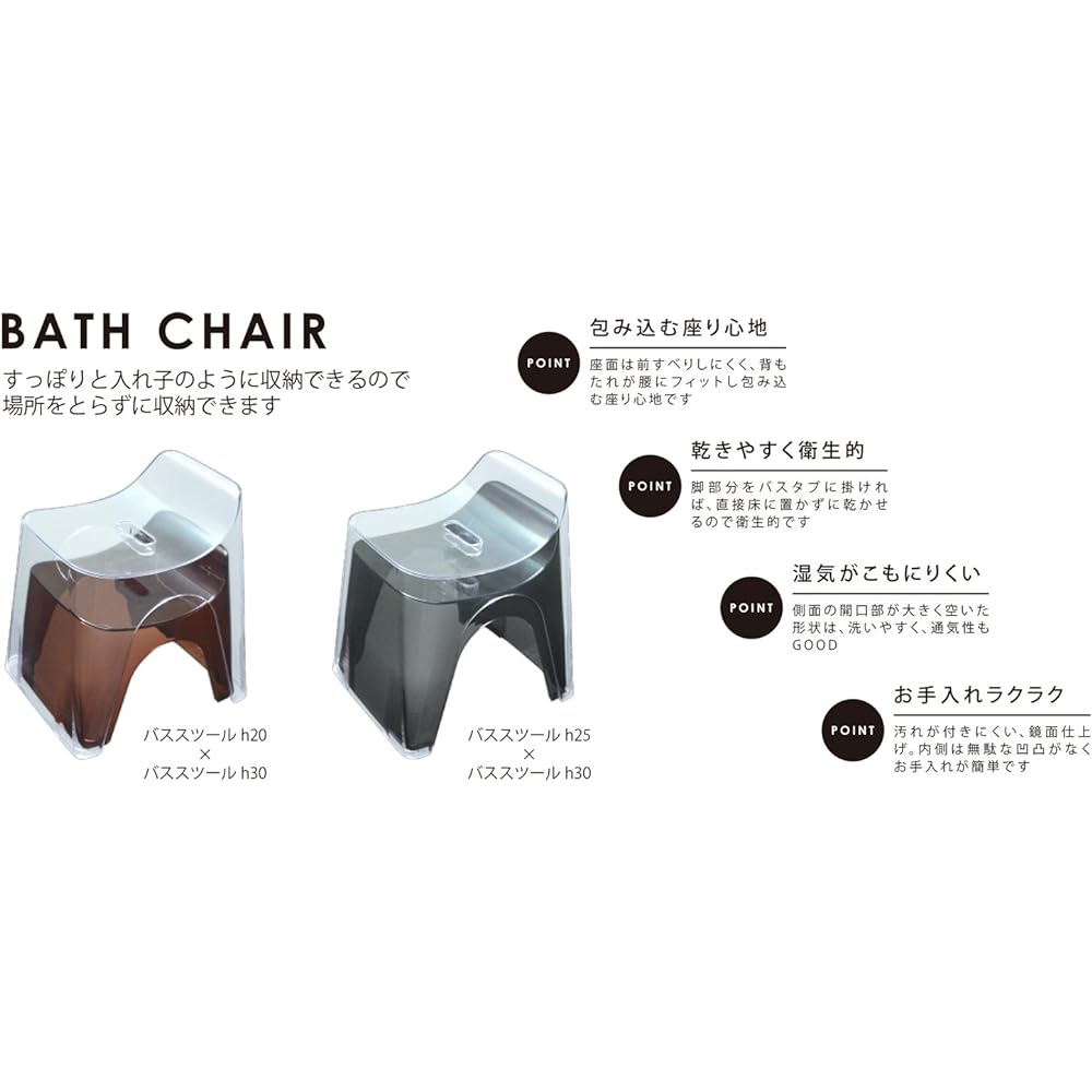 Shinkatech Hubus Bath Chair H30 Seat Height 30cm Clear Black 427604