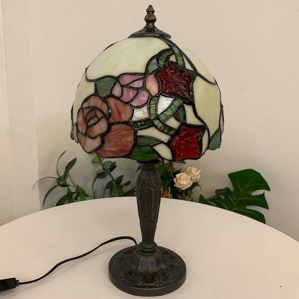 Stained Glass Table Lamp Table Light Stand Lamp Stand Light Antique Retro Stylish Tiffany Stained Lamp Bedroom Scandinavian Bedside Bed Light Tabletop Vintage Lamp Stand Light Rose LED Compatible BIEYE Lighting L10858