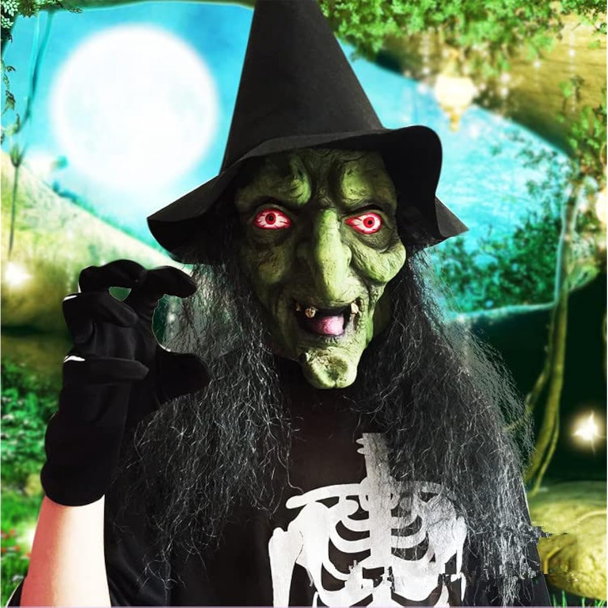 Scary Green Old Hug Witch Mask with Hat Halloween Tricky Cosplay Headgear