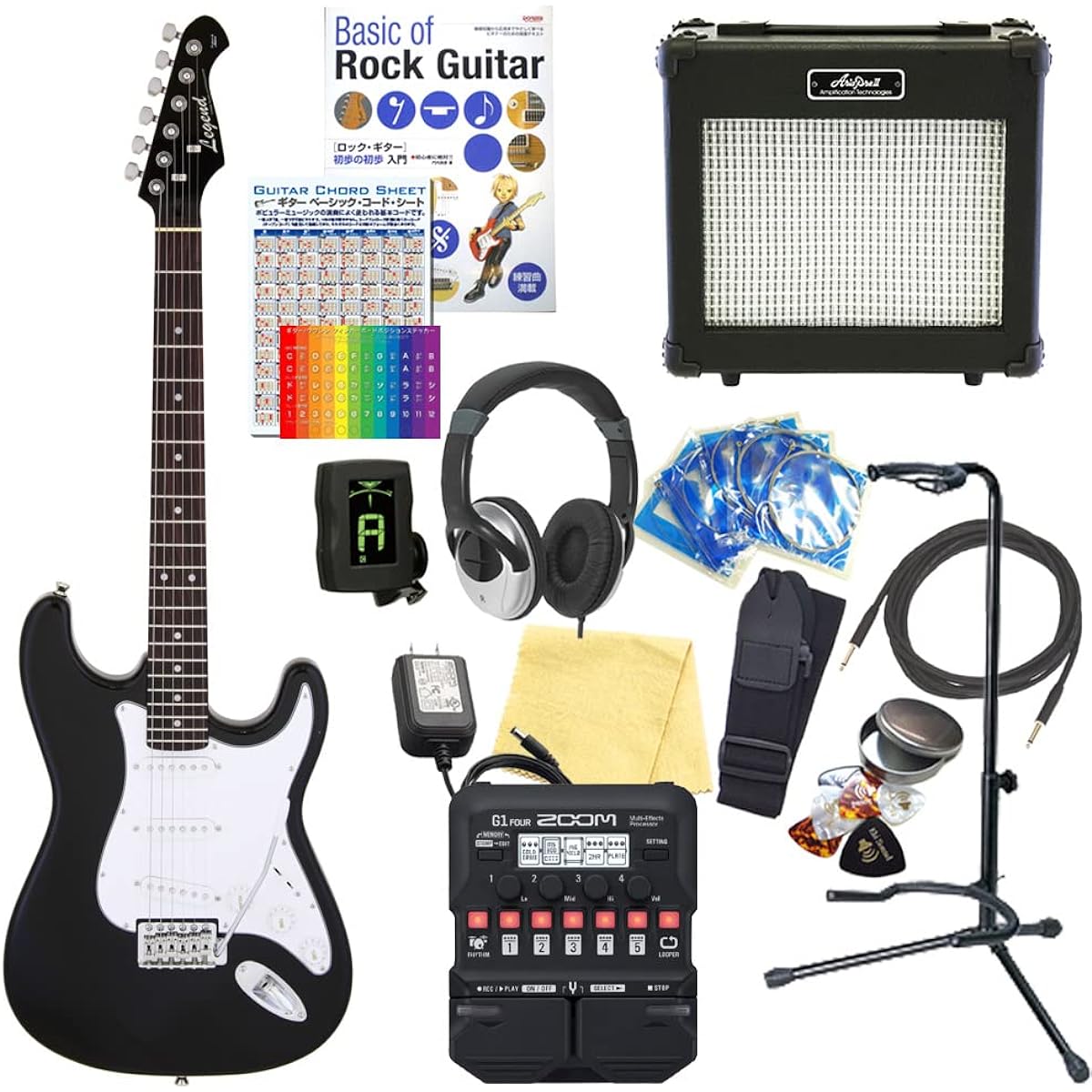 Electric Guitar Beginner Set Stratocaster Type 18-piece Set Legend LST-Z BKBK [ZOOM G1Four Multi-Effector Included]