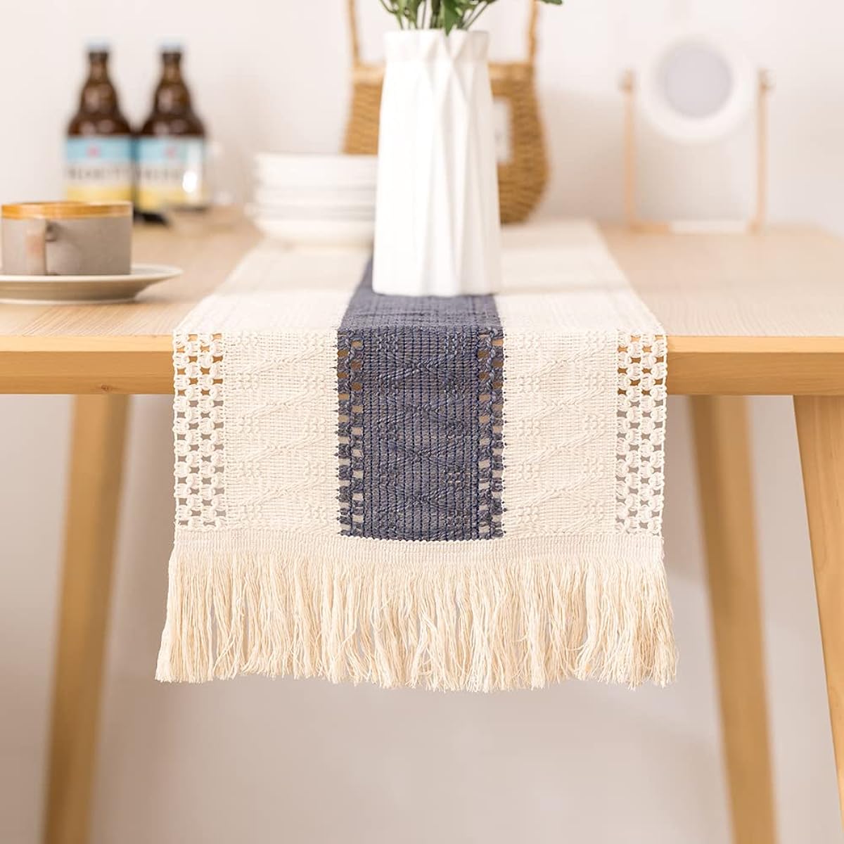 Macrame Table Runner Natural Burlap Table Runner,Seamed Cotton Boho Table Runner for Bohemian Wedding Bridal Shower Rustic Home Farmhouse Dining Table Decor (Style-4, 108 Inch)