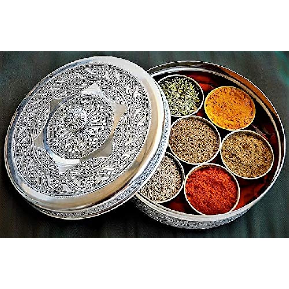 Actio Spice Box Indian Masala Dabba Storage Container - Stainless Steel Kitchen Organizer Designer Gift Box