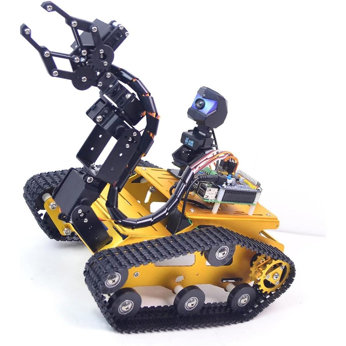 XiaoR GEEK Smart WiFi Robot Kit for Raspberry Pi 5/4B/3B+, Robot Arm Tank Chassis Robot Car Kit with 2DOF HD Camera Programmable Sensors Android/iOS APP PC Project Remote Control (Without RPi, Gold)