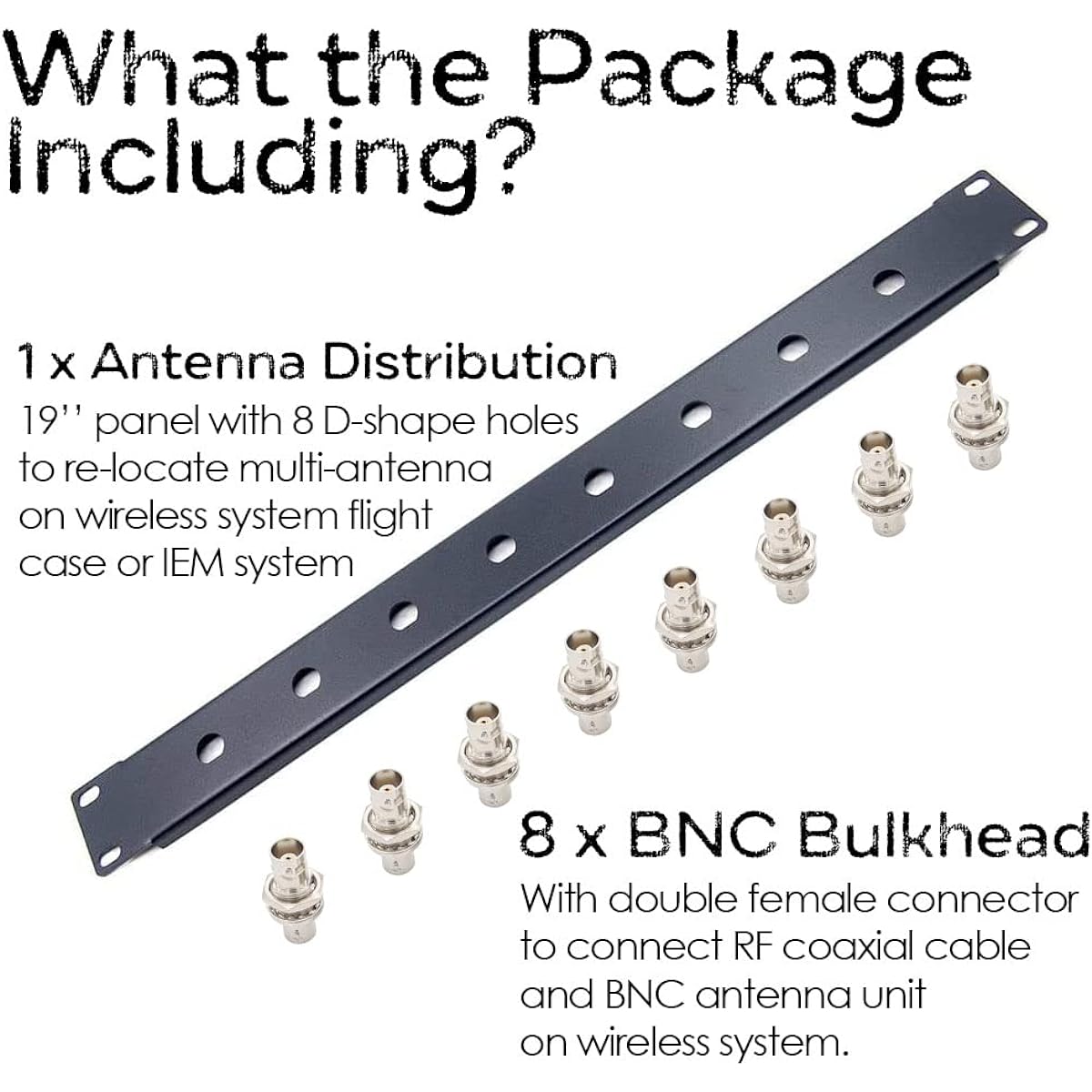 19" Wireless Microphone Antenna Relocation Distribution Front Panel for Multi-Antenna Installation and Setup on 1U EMI Cordless System 8 Bulkhead Adapter for BNC Antennas - RF Coax Cable Connection