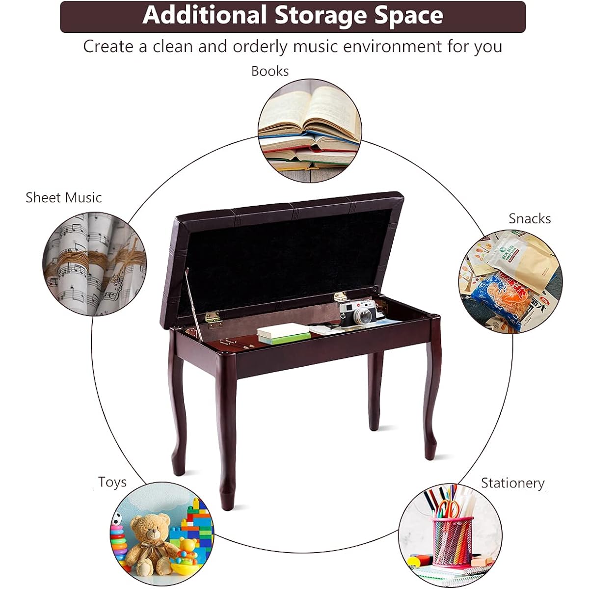Happygrill Piano Bench with PU Leather Padded Cushion, Comfortable Double Duet Seat Stool with Storage and Sturdy Wooden Legs
