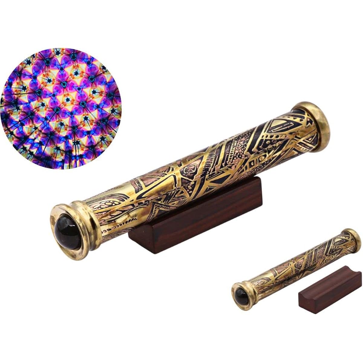 RII Telescope Kaleidoscope Etched Brass Polished Brass Telescope with Wooden Display Stand Unique Gift for Husband