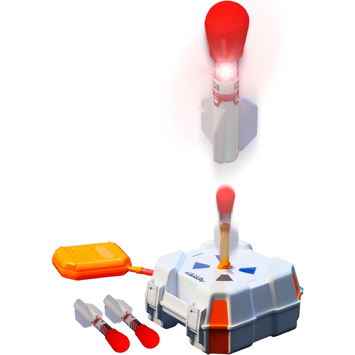 Discovery™ #MINDBLOWN Space Race Blast Off Moon Rocket & Stomp Launcher Set Explodes 3 Foam LED Rockets up to 75 Feet with Space Themed Pack & Go Carry Case, Simple and Easy Design for Kids Ages 8+, White