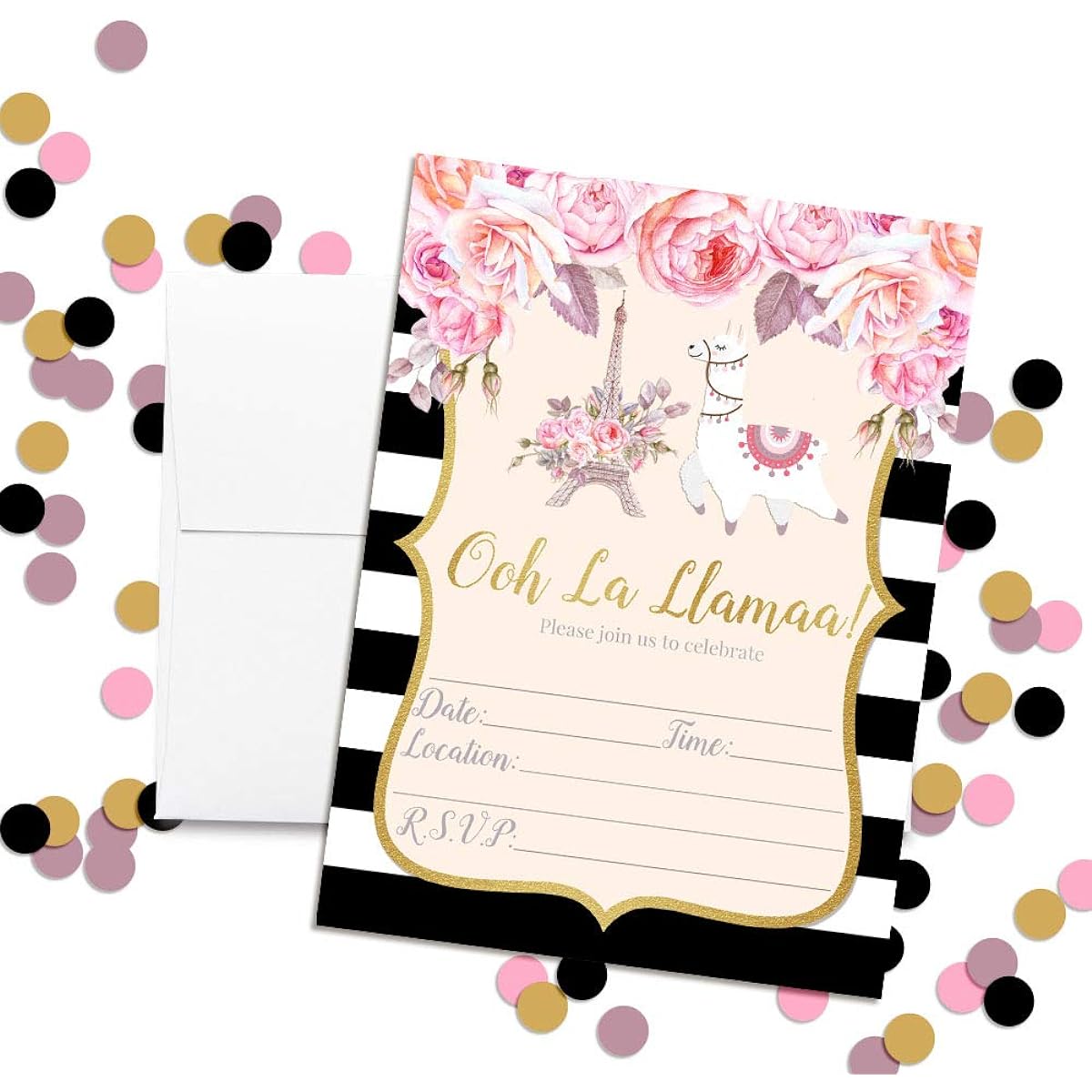 AmandaCreation Ooh La Llama Watercolor Floral Llama Parisian Birthday Party Invitation 5"x7" Card with 20 White Envelopes