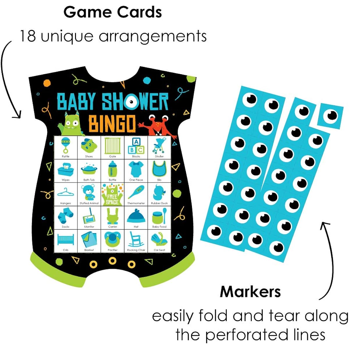 Big Dot of Happiness Monster Bash - Photo Bingo Cards and Markers - Little Monster Baby Shower Shape Bingo Game - Set of 18