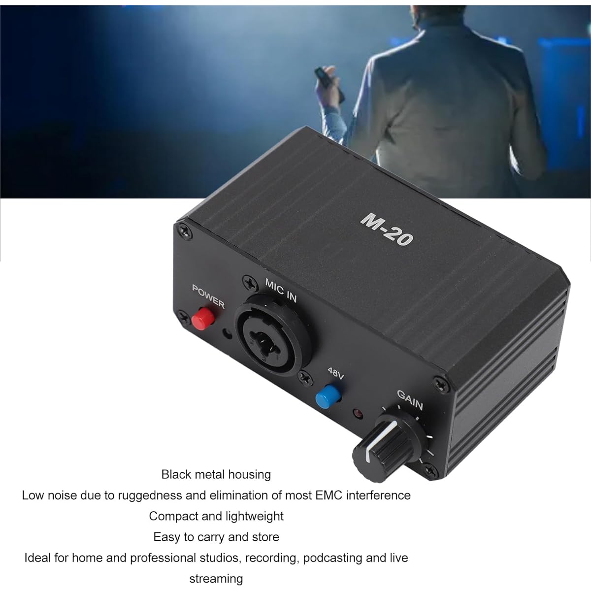 Dynamic Mic Preamp for Dynamic Microphone and Condenser Mic Booster, Mic Preamp Boost, 8V Phantom Power XLR Output Mic Preamp for Stage Podcast Live Broadcast