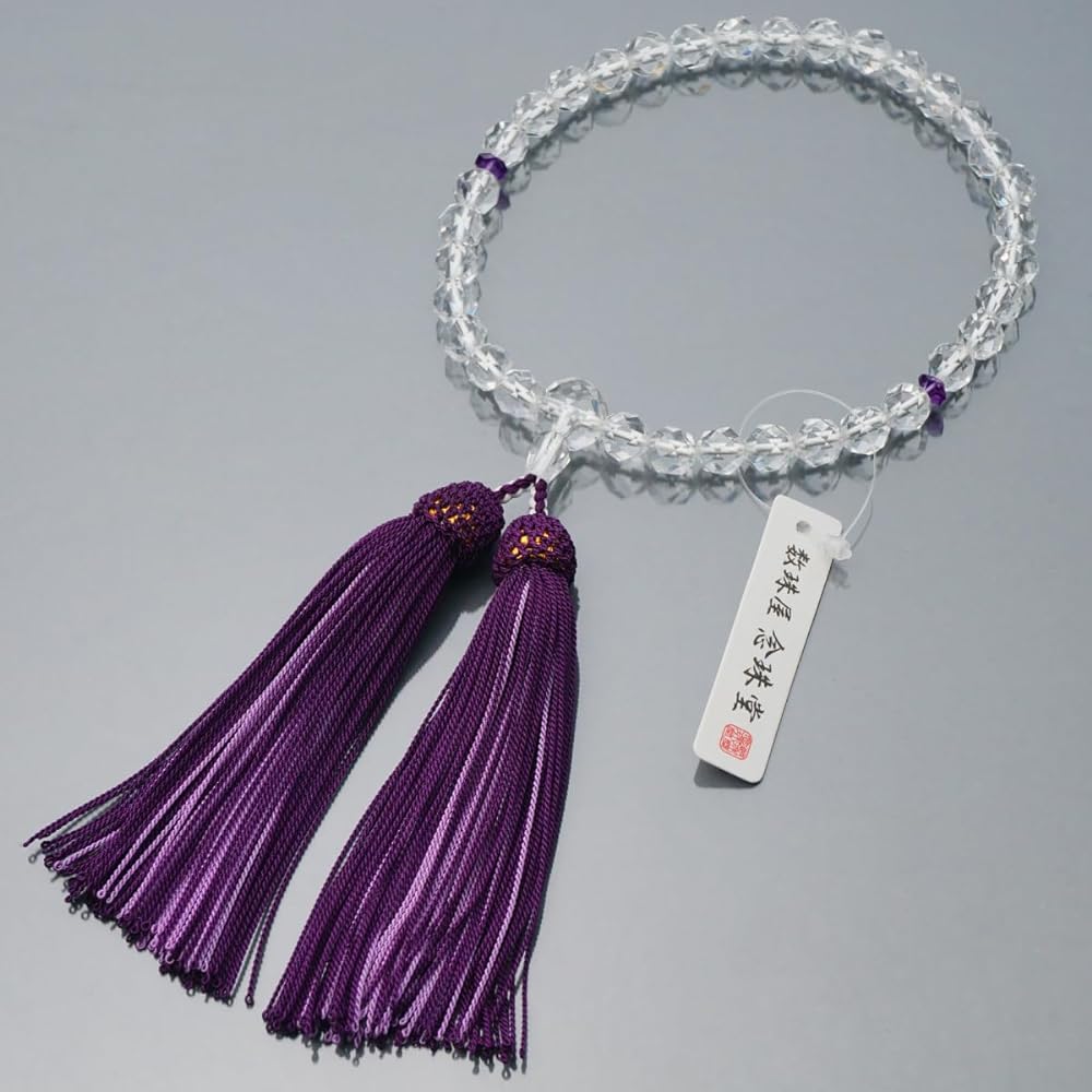 Prayer beads made in Japan <Made in Japan Prayer beads for women> Genuine crystal 32-sided cut Amethyst crystal [Bead bag included] Pure silk tassel (100% silk) Domestic prayer beads that can be used by all sects [Long-established prayer bead manufacture