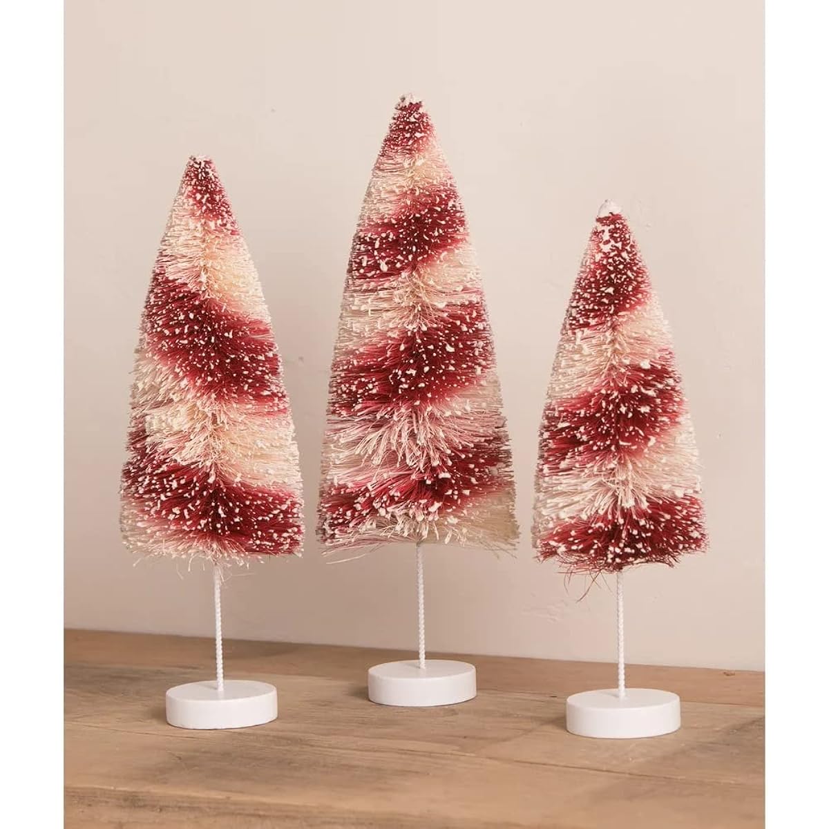 Snowy Candy Cane Bottle Brush Tree Figurines Set of 3