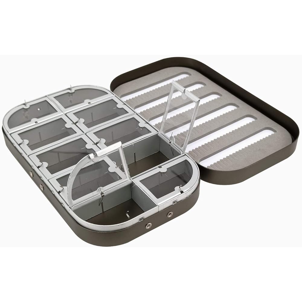 Aventik Aluminum Fly Fishing Box Slit Foam Compartment Easy-Grip Fly Jig Lure Box Ice Fishing Box 6.1x3.7x1.1 inch (15.5x9.5x2.7cm) (Gunsmoke-10WC)