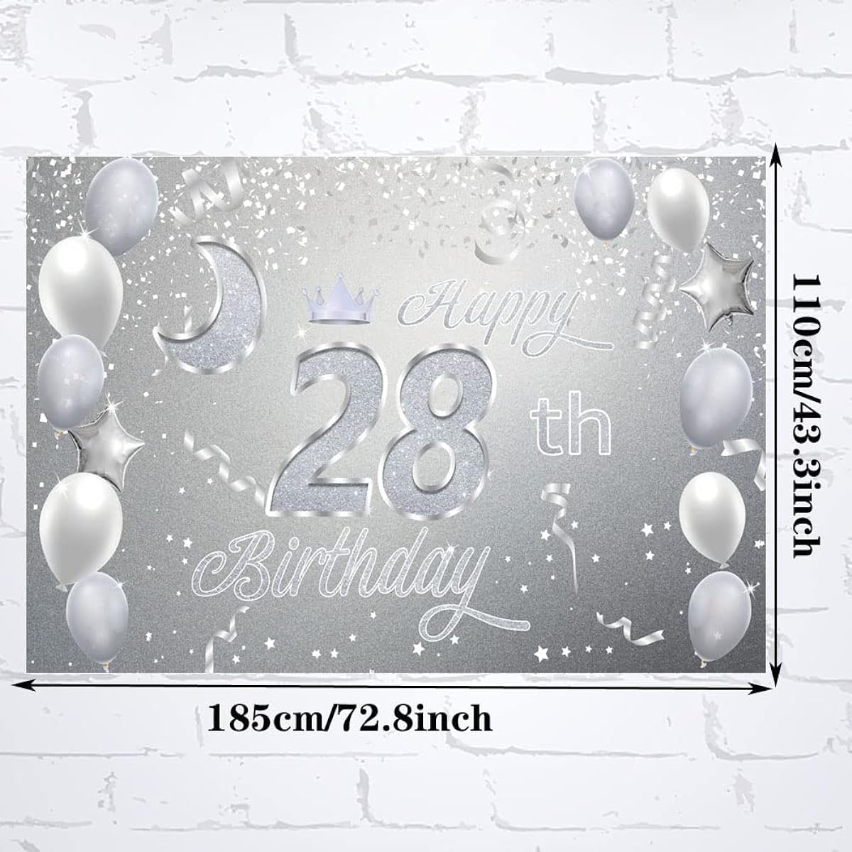 Sweet Happy 28th Birthday Backdrop Banner Poster, 28th Birthday Party Decorations, 28th Birthday Party Supplies, 28th Photo Background for Girls, Boys, Women, Men, Silver, 72.8 x 43.3 Inch