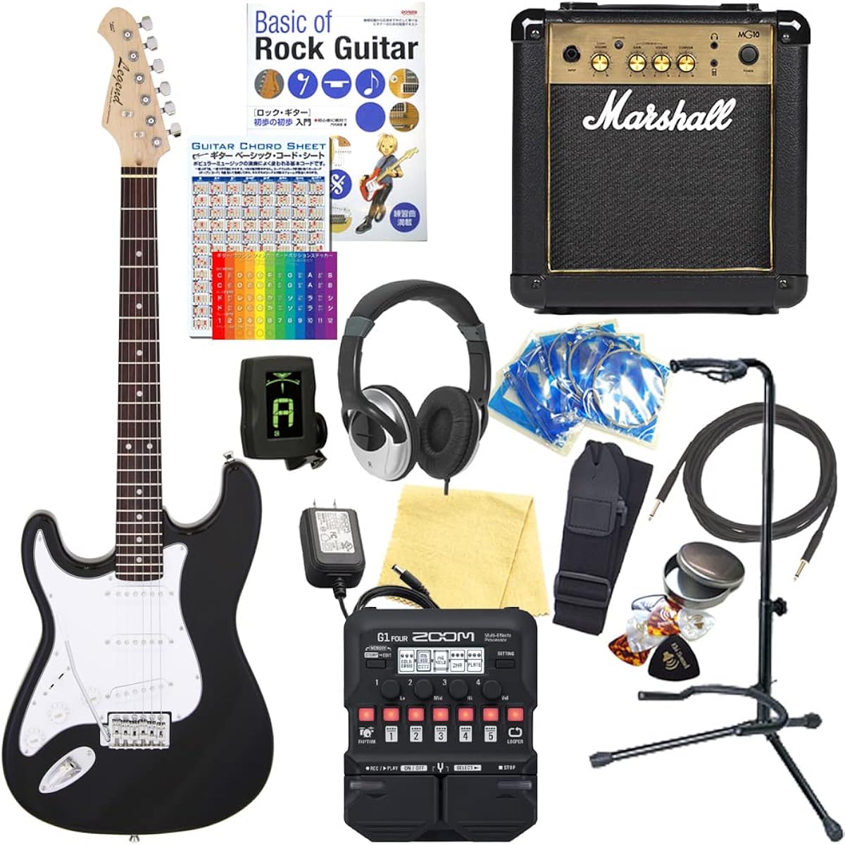 Electric guitar for left-handed beginners, Stratocaster type, 18-piece set with Marshall amp, Legend LST-Z LH BK [ZOOM G1Four multi-effector included]