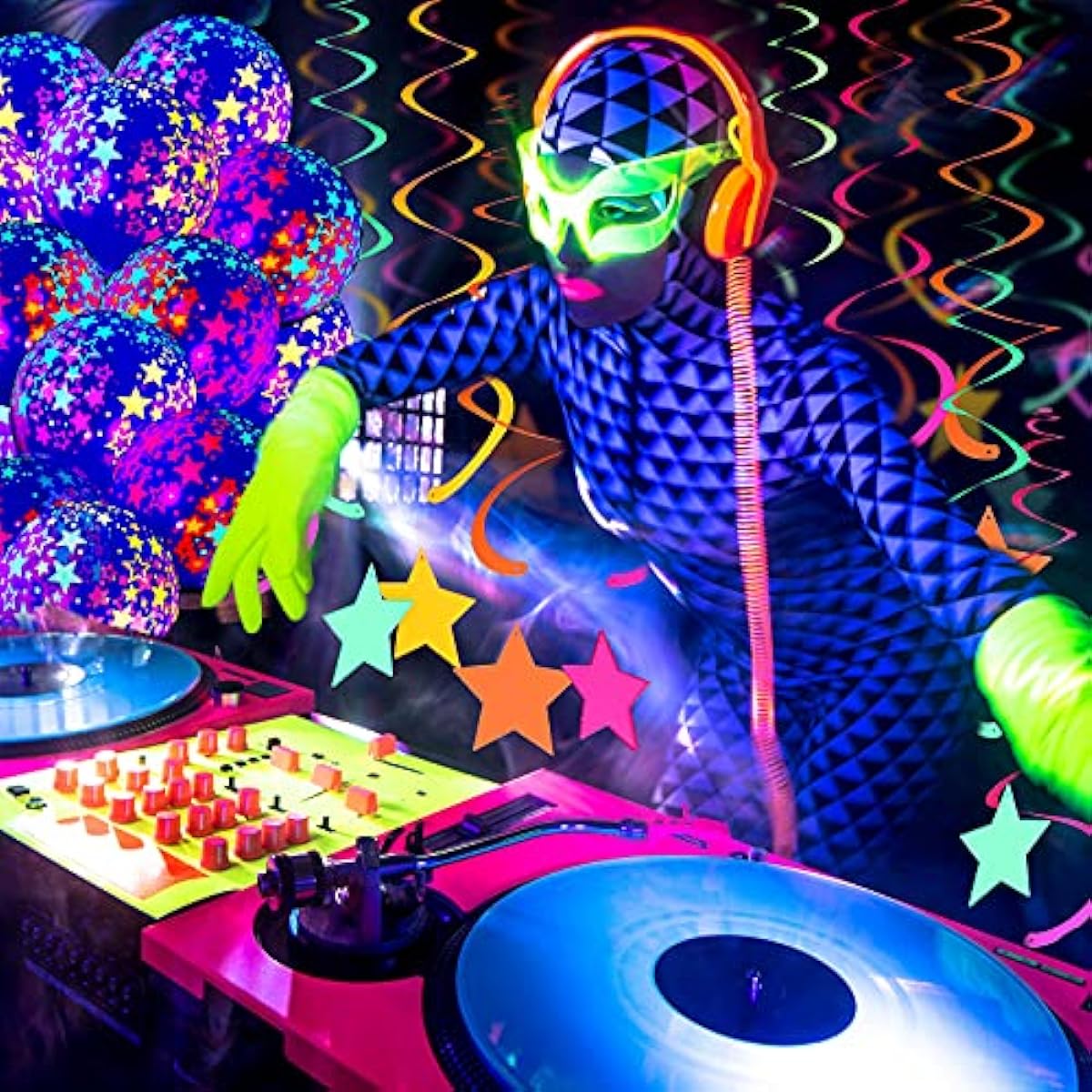 Black Light Party Balloons 12 Inch Neon Glow Balloons Glow in the Dark Neon Latex Balloons Hanging Swirl Decor Neon Star Swirl Hanging Decorations Party Supplies (Clear) 50pcs