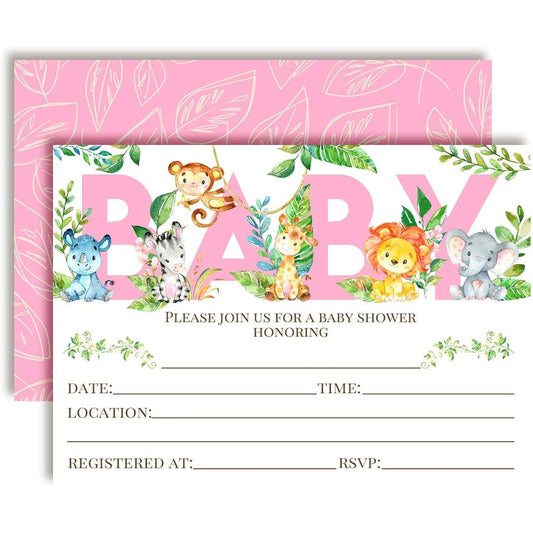 AmandaCreation Watercolor Jungle Animal Baby Girl Baby Shower Invitation 5"x7" Card Includes 20 White Envelopes