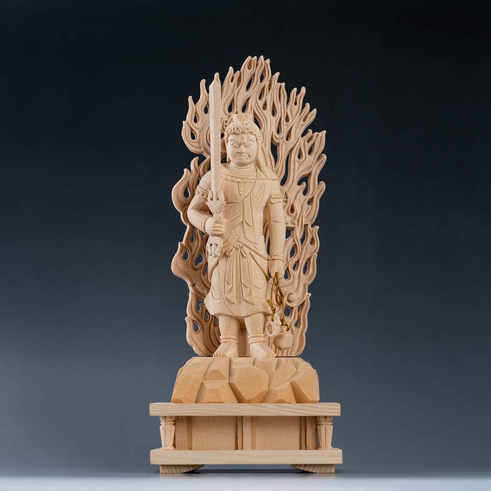 Hanro Art Sculpture Buddha Statue Fudo Myoo Fudoson Buddhist Altar Buddha Statue Made of Cypress Wood 3.5 inches Log Rock Pedestal Flame Halo Year of the Rooster Protective Principal Image Prayer Warding Off Evil (Height 21cm x Width 9cm x Depth 7cm)
