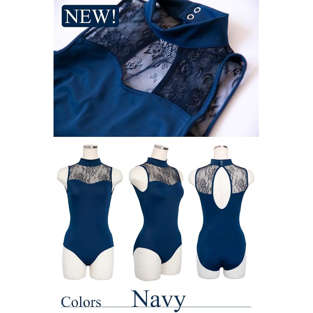 Navy Blue Ballet Leotard Navy Crystal Flower Lace Rhythmic Gymnastics Made in Japan Halfbeak