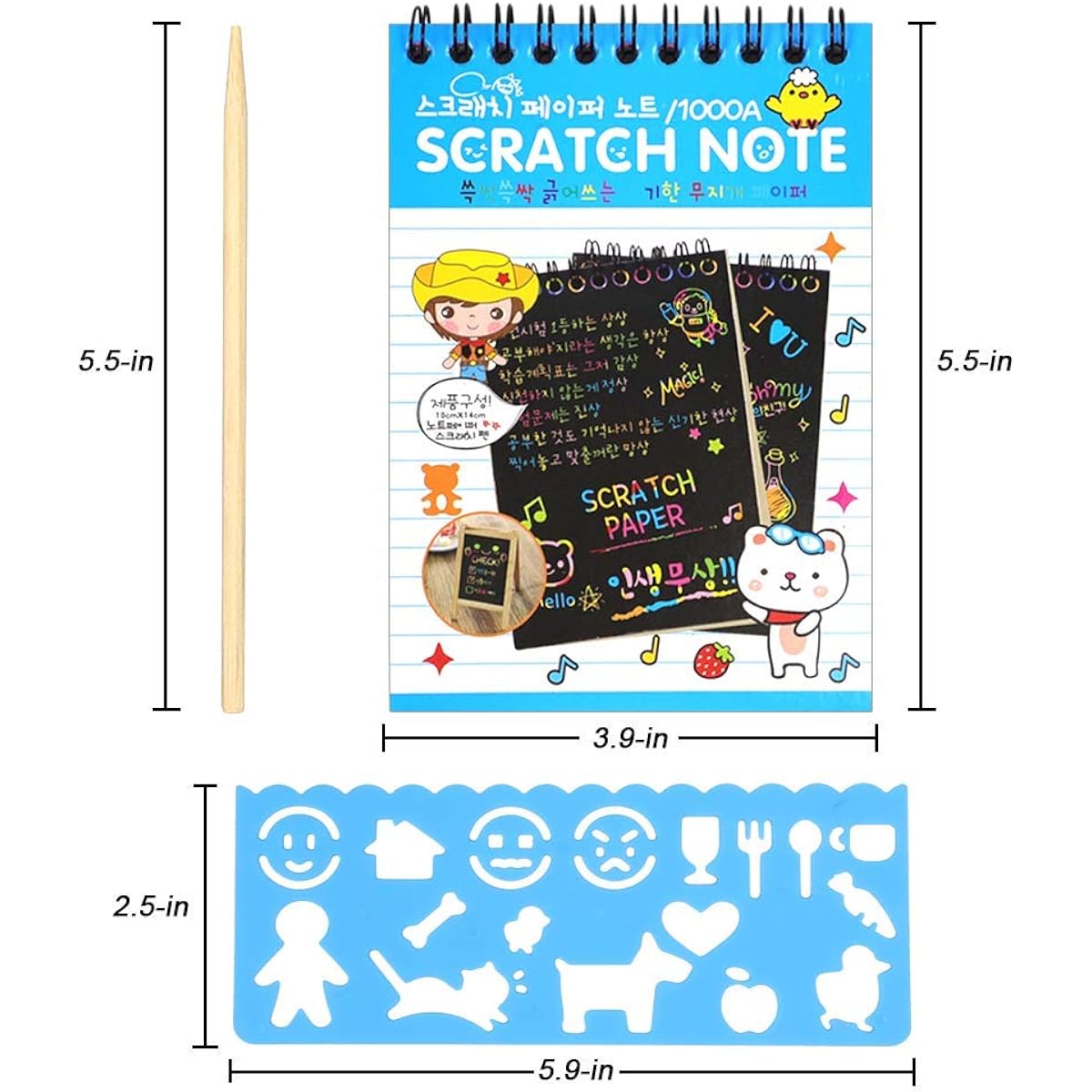 POKONBOY Scratch Art & Craft Notebook, 16 Pack Scratch Note Pads for Kids, Rainbow Party Favors, Coloring Book, Art Party Supplies, Stocking Stuffers, 16 Wooden Styluses, 4 Stencils for Drawing