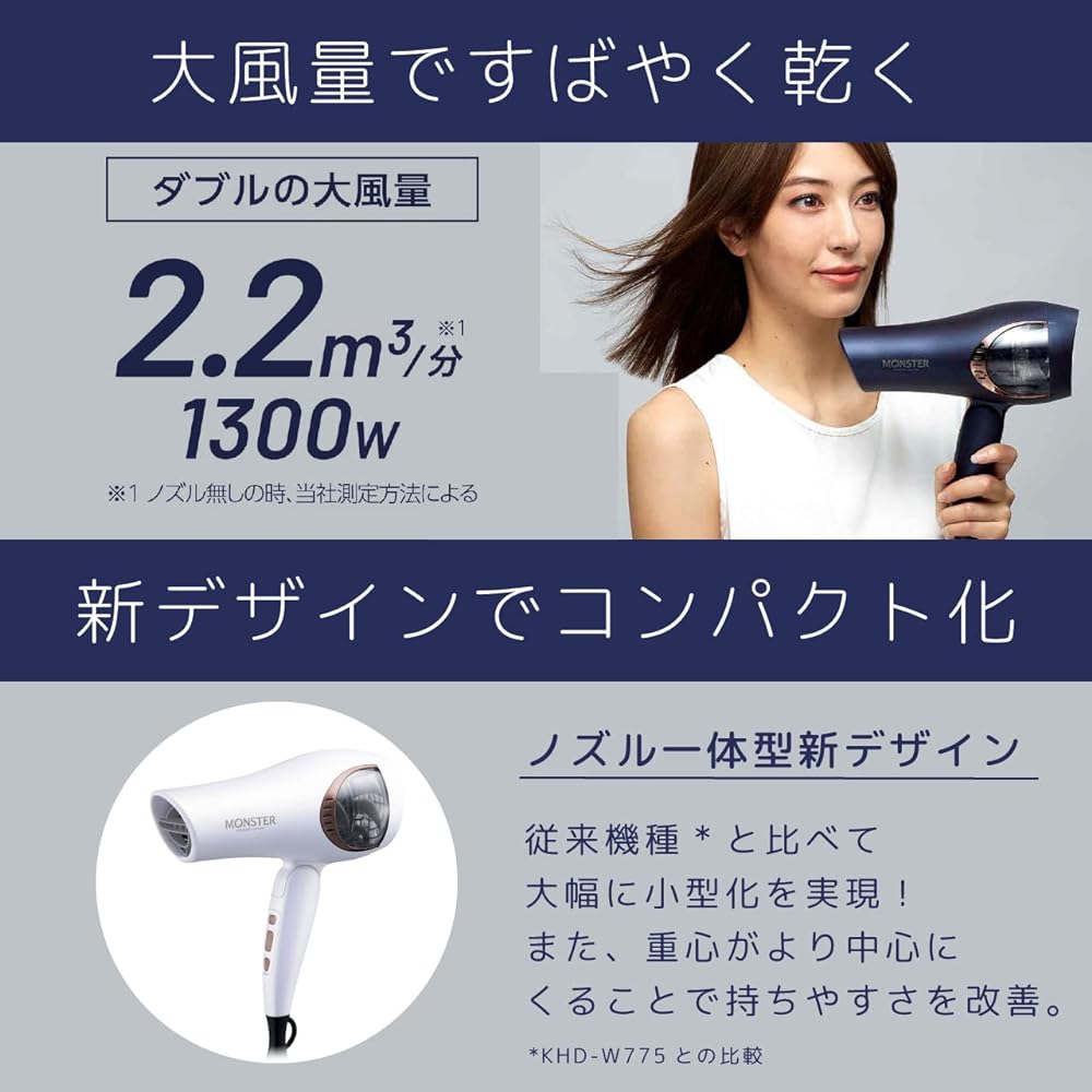 Koizumi Hair Dryer Monster, Large Air Volume, Quick Drying, Automatic Hot/Cold Switching, Negative Ion, White KHD-W805/W