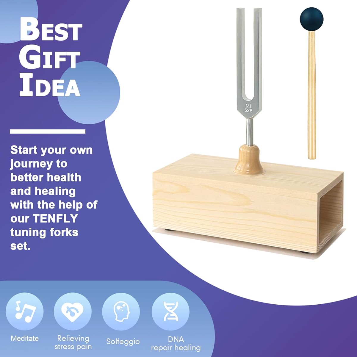 TENFLY 528Hz Tuning Fork with Wooden Box Aluminum Alloy for Sound Therapy Meditation Yoga