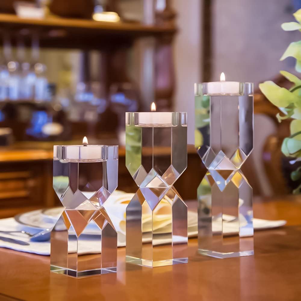 Le Sens Amazing Home 3 Piece Large Crystal Candle Holder Set 4.6/6.2/7.7 Inch Height Elegant Heavy Solid Square Diamond Cut Tealight Holder Set for Home Decoration Centerpieces for Weddings