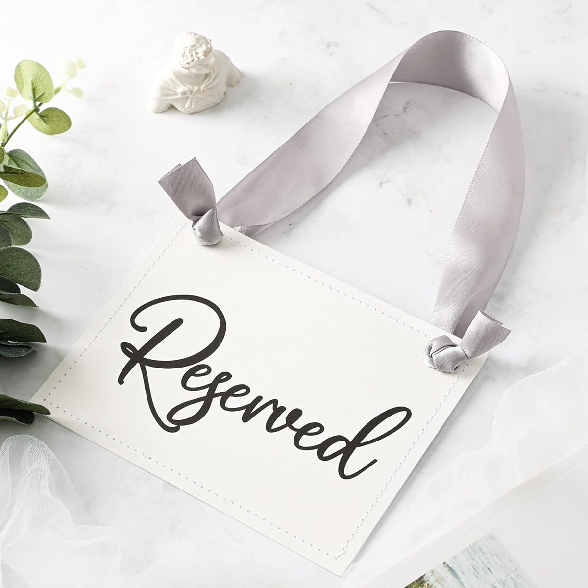 CHOIEO 5 Pieces Reserved Signs for Wedding Chair Tables for Wedding/Church/Party/Event Decoration - White Premium Card Stock with Gray Ribbon (Black)