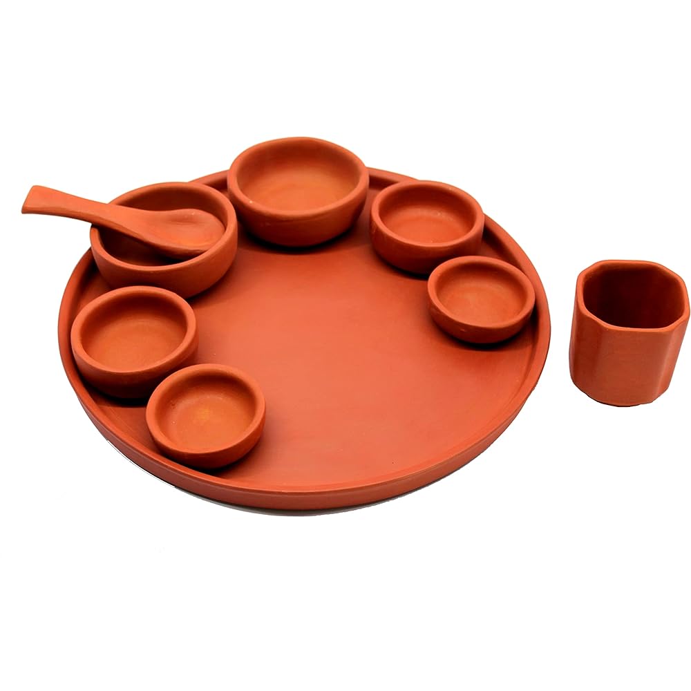 KLEO Clay Terracotta Thali with Bowl, Bhojan Thali | Ceramic Plate Dinner Thali Set (Set of 9)
