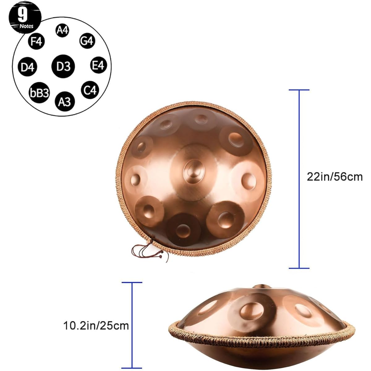Handpan Drum, 9 Notes 22 Inch D Minor Steel Hand Drum, Harmonic Percussion, for Sound Healing, Personal Meditation, Yoga, Hand Forged Musical Instrument with Carrying Bag Drumstick Stand