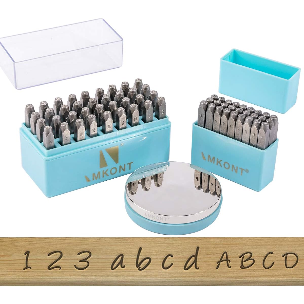 Imkont 1/8" 3mm Number and Letter Metal Stamps 63pcs Metal Bench Block Set (A-Z & a-z & 0-9 & Metal Bench Block & Stamp Jig)