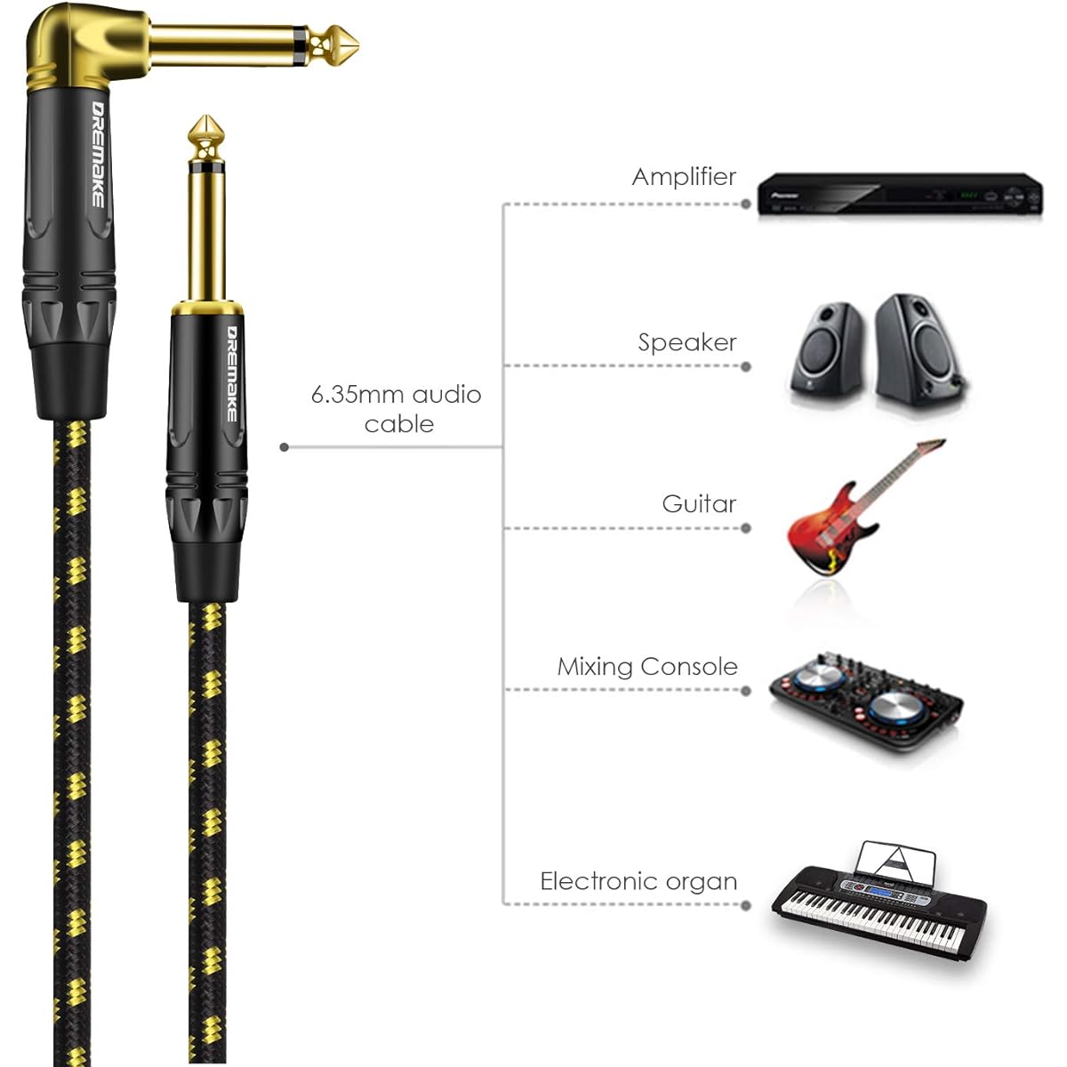 DREMAKE 1/4 Guitar Amplifier Straight to Light Angel Patch Cord, 1/4" Cable, Jack 6.35mm 1/4" Guitar Cable, PA Certified from Electric Guitar, Bass, Keyboard. 25FT/7.5M