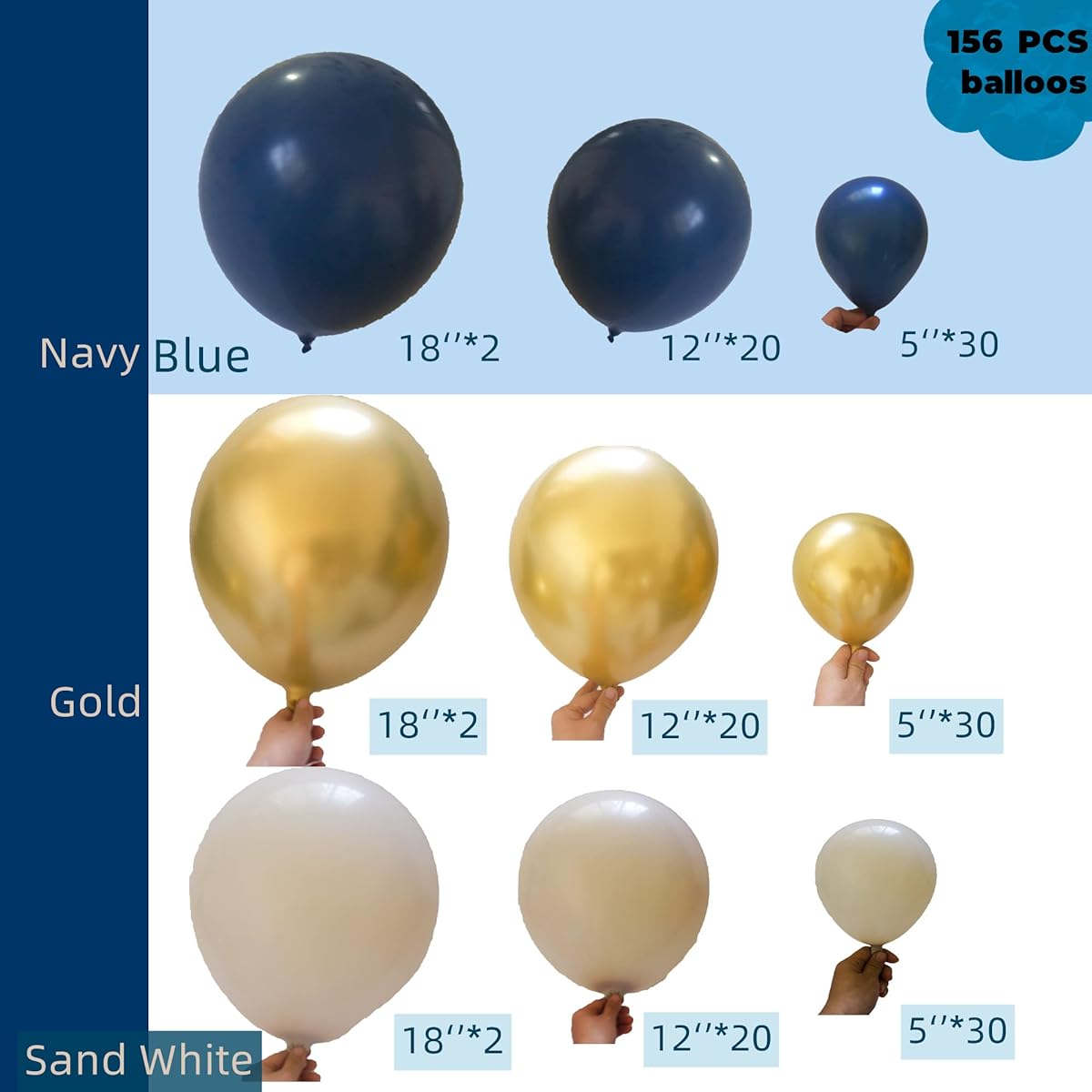 156 Pieces Navy Blue Latex Balloons Sand White Gold Balloon Garland Arch Kit Mixed Size 5/12/18 Inch Midnight Blue Balloons for Wedding Engagement Baby & Bridal Shower Birthday Party Decorations for Men Boys