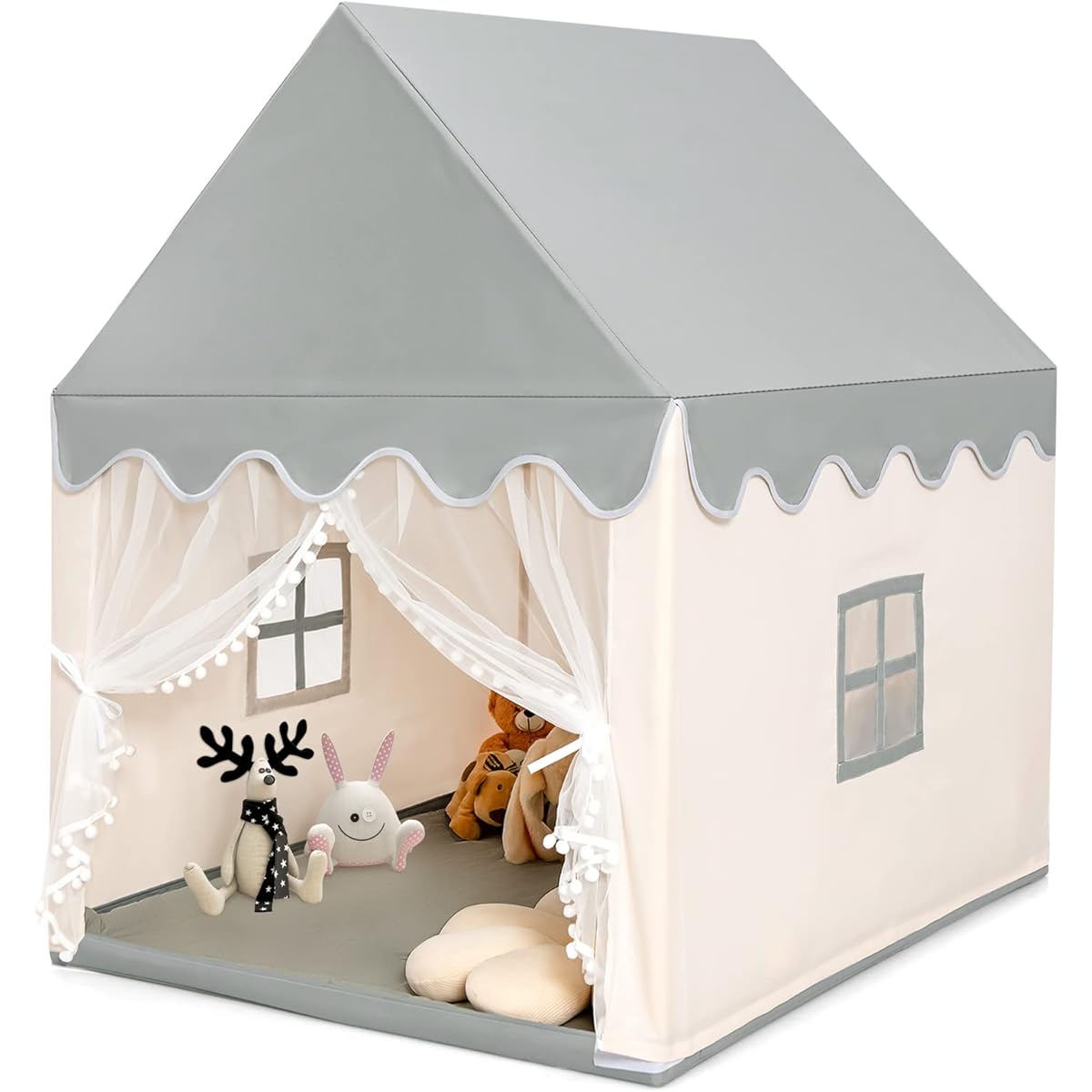 Costzon Kids Play Tent Large Playhouse with Washable Mat, Window, Solid Wood Frame, Indoor Outdoor Kids Princess Tent for Boys & Girls, Castle Fairy Tent, Holiday Birthday Gift (Beige)