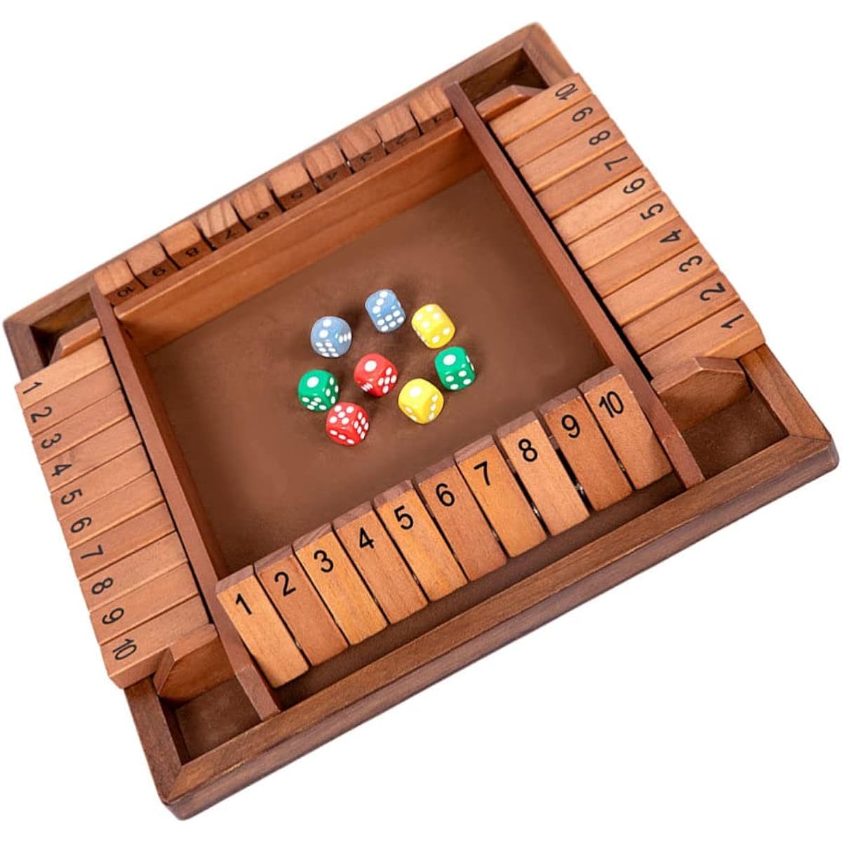 Kisangel Shut The Box Dice Game Wood: 4 Sided Large Wooden Board Game with 8 Dice, Close the Box, Rules (2-4), Fun Game for Kids and Adults, Learning Addition, Coffee