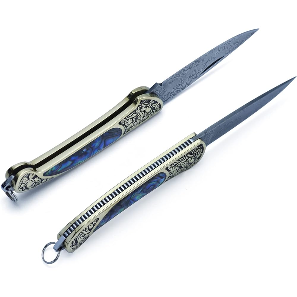 JPCRMOV Folding Knife Damascus Steel Folding Knife Outdoor Knife Pocket Knife Camping Knife Folding Brass + Avalon Shell Handle Keychain Included