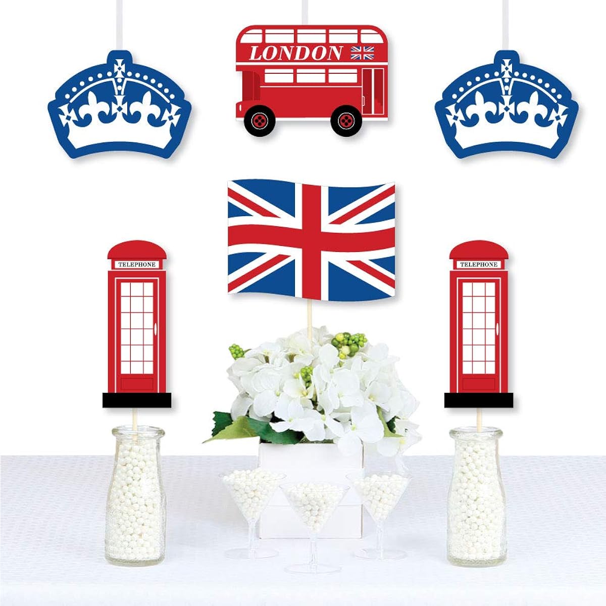 Big Dot of Happiness Cheerio London Union Jack Flag Double Decker Bus Crown Red Telephone Booth Decoration DIY British Party Essentials Set of 20