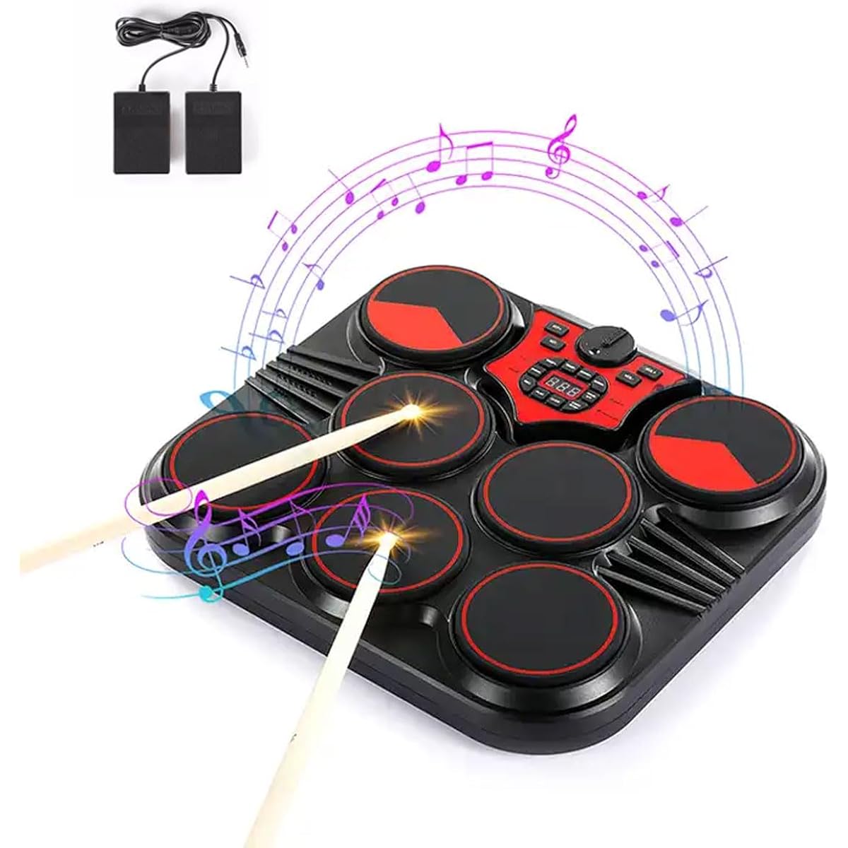 Electronic Drum Set Portable 7 Pad Drum Pad Kit Percussion Instrument with 2 Pedals & 2 Sticks Built-in Speaker Recording/Playback USB Charging Professional Beginner
